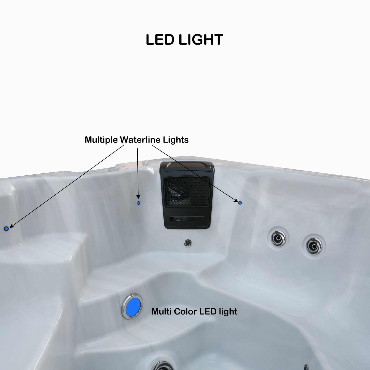 details about LED light, or underwater light in the acrylic hot tub. Multiple lights are available with multi color options